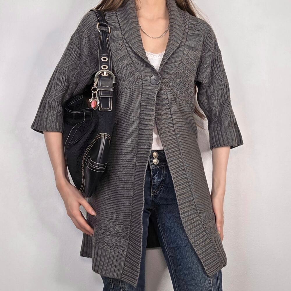 Cable Knit Gray One Button Cardigan Sweater Medium Coquette Fall